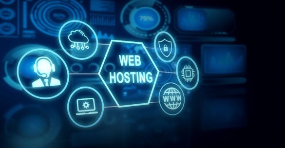 Schéma technique lumineux montrant l'hébergement web et les services associés, incluant l'enregistrement et l'hébergement nom de domaine et la gestion DNS, sur un écran interactif.