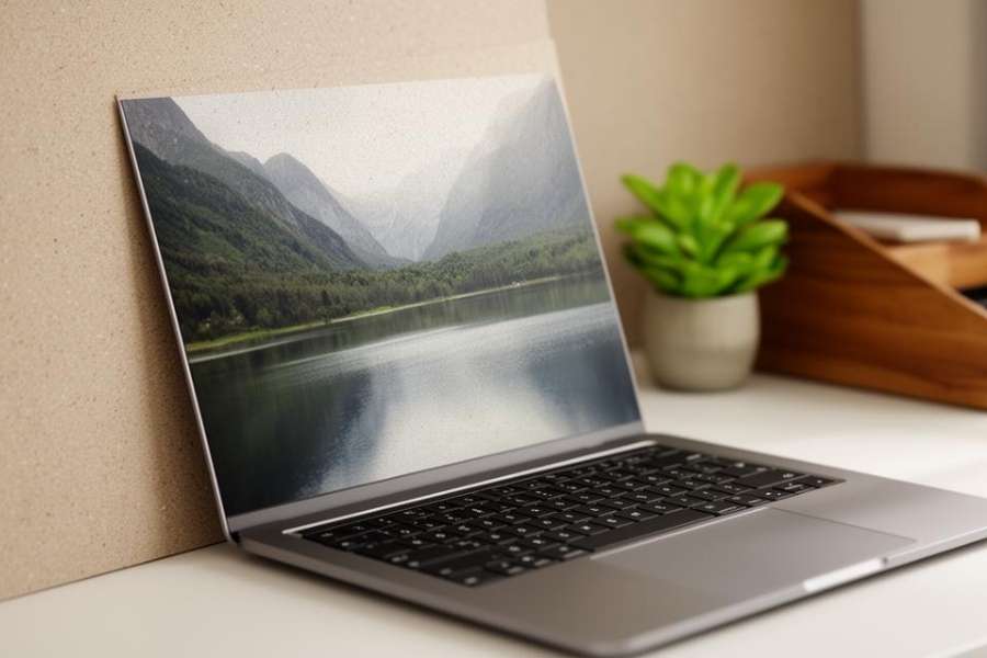 Un ordinateur portable affiche un paysage naturel montagneux, illustrant des services d'impression éco-responsables respectueux de l'environnement.
