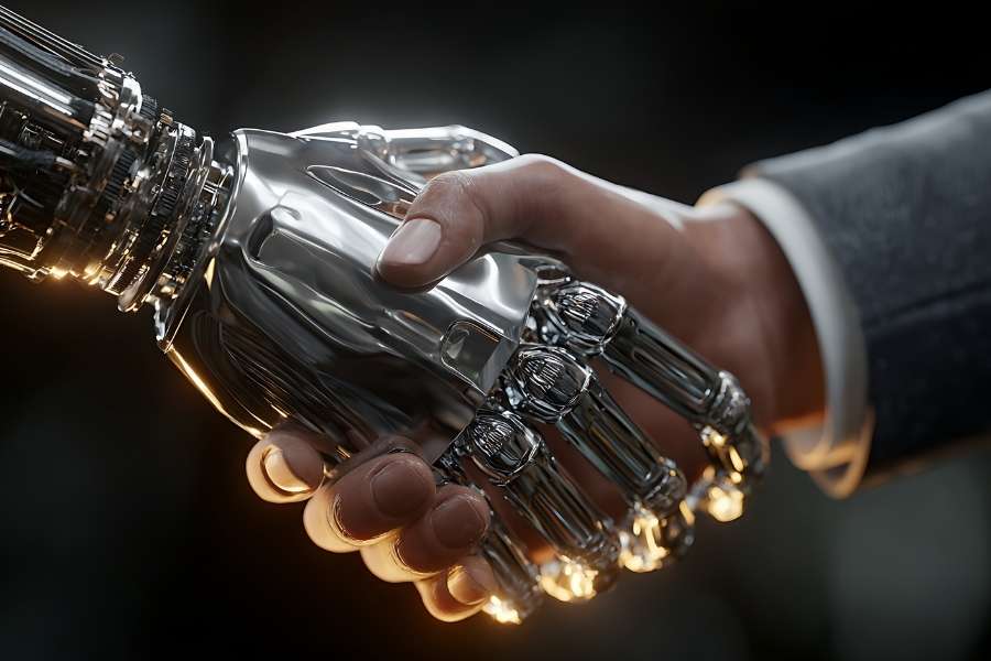 Une main humaine et une main robotique chromée et articulée se serrent fermement dans une poignée de main symbolique sur un fond sombre.