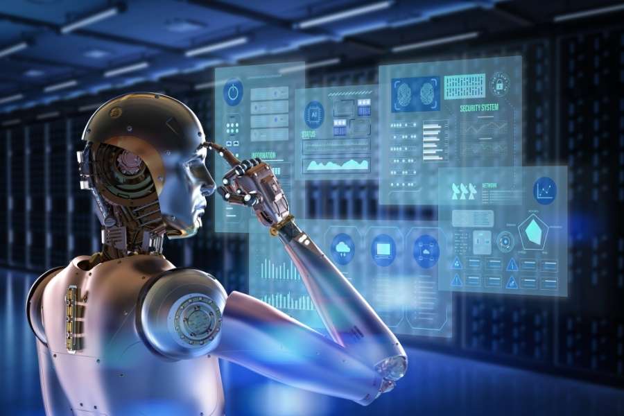 Un robot humanoïde argenté et cuivré interagit avec des interfaces holographiques complexes au sein d'un centre de données, illustrant la puissance d'un serveur de calcul graphique.